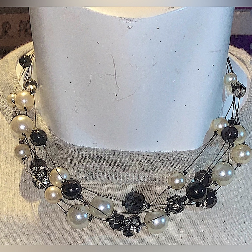 Three layered necklace with pearls, beads, and sparkle